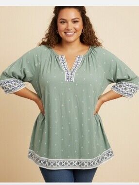 Lane Bryant Sage Green Embroidered V-Neck Tunic
